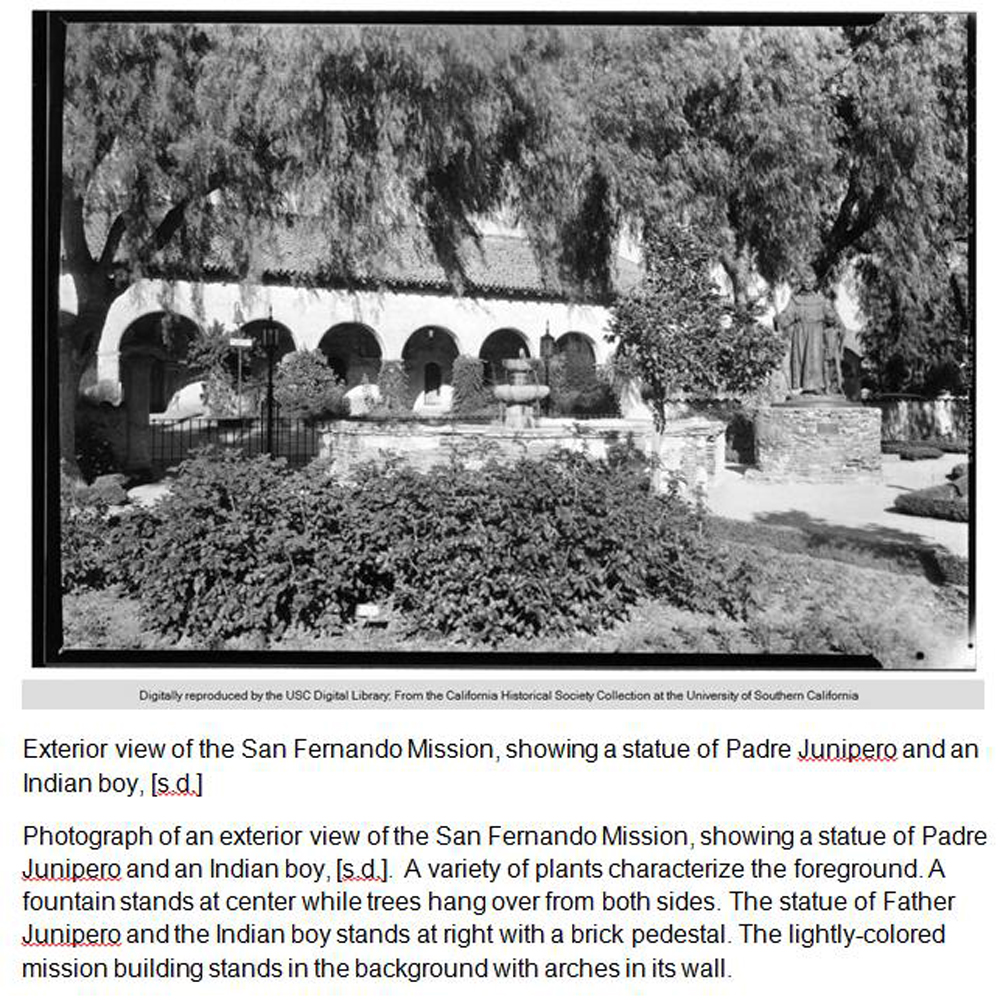 Exterior_view_of_the_San_Fernando_Mission_showing_a_statue_of_Padre_Junipero_and_an_Indian_boy_sd